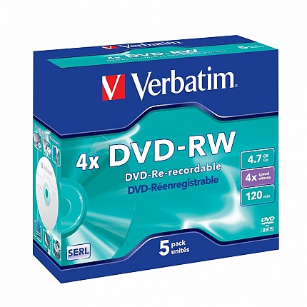Verbatim DVD-RW 4.7GB 4X 5-Pack Jewel Case Matt Silver 43285